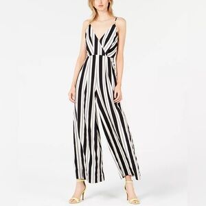 Avec Les Filles Black-Ivory Striped V-Neck Sleeveless Wide Leg Jumpsuit, Size 6